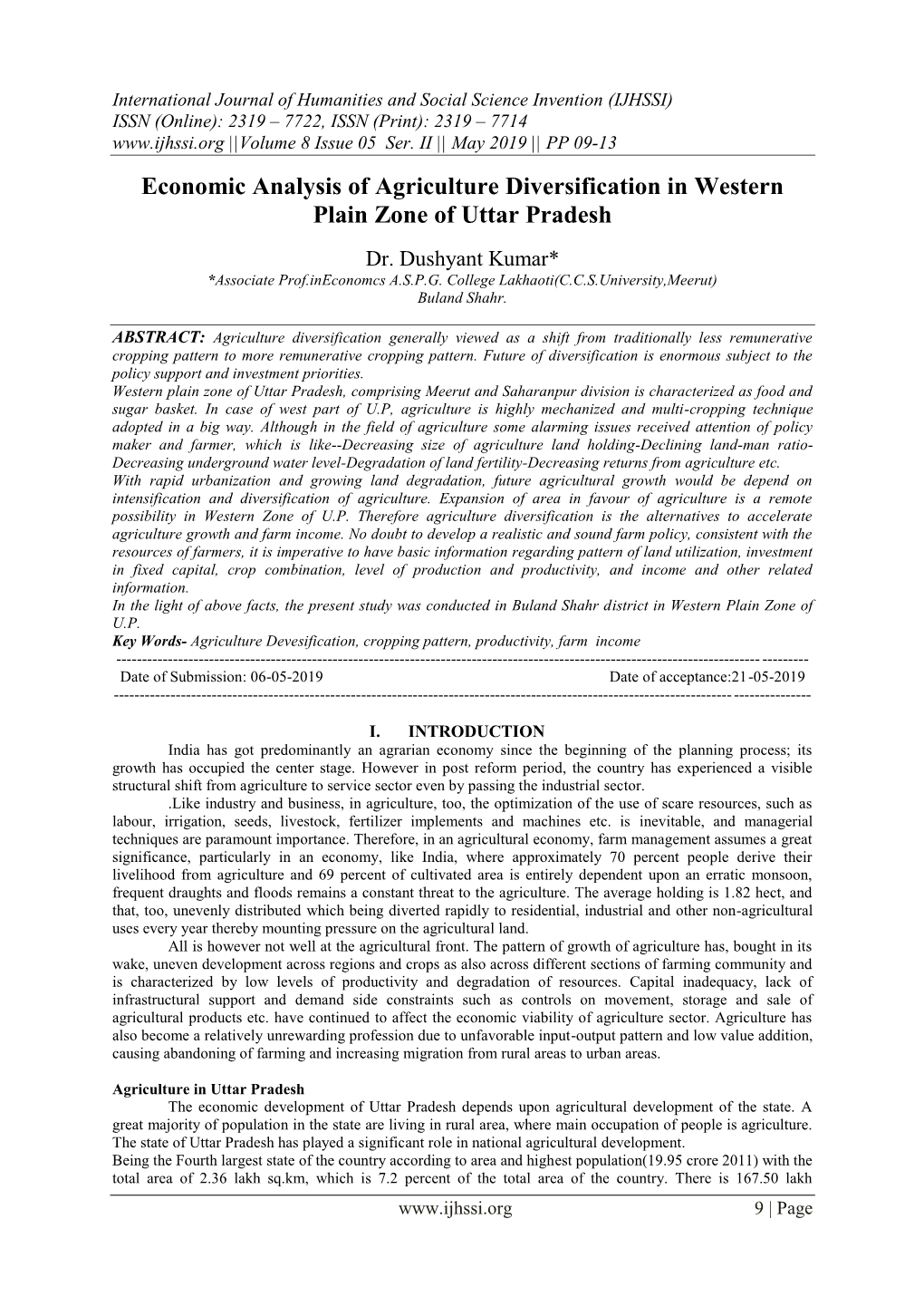 Economic Analysis of Agriculture Diversification in Western Plain Zone of Uttar Pradesh