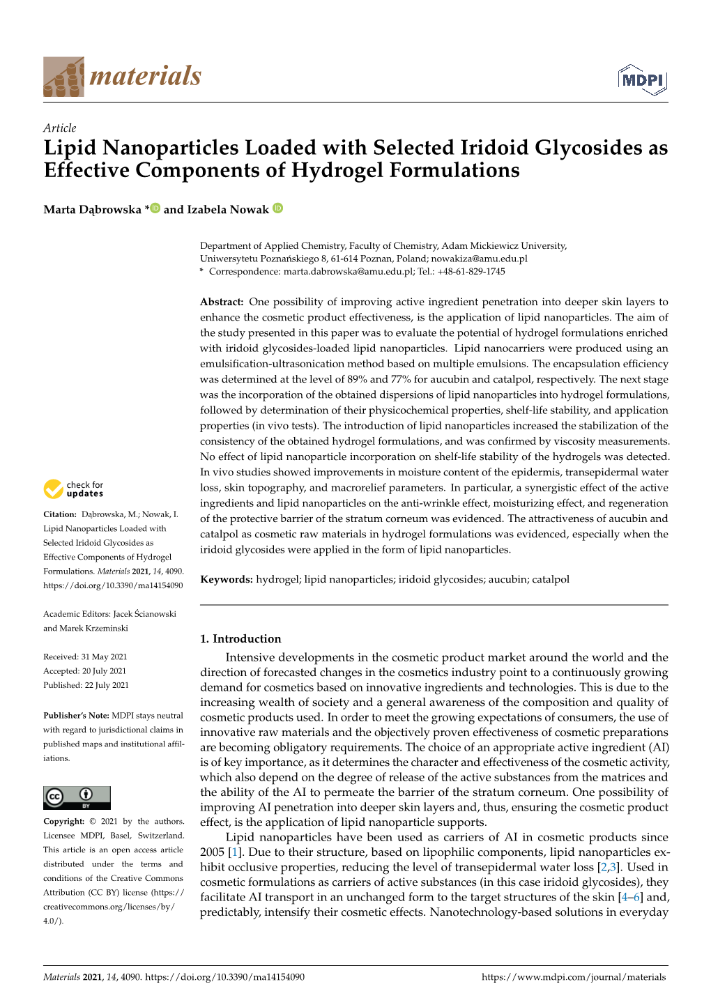 Lipid Nanoparticles Loaded with Selected Iridoid Glycosides As Effective Components of Hydrogel Formulations