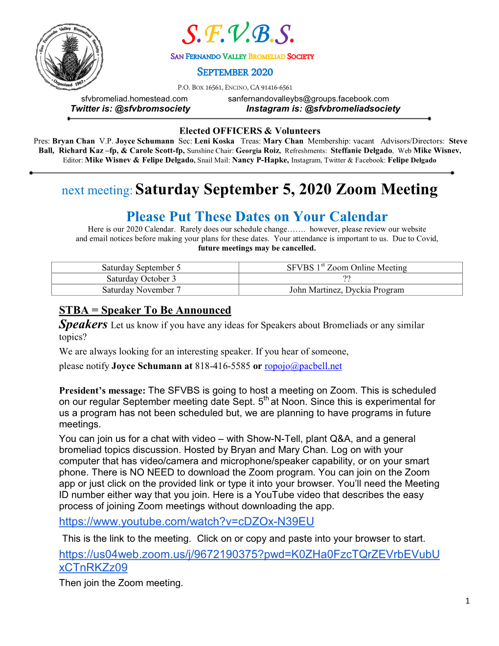 S.F.V.B.S. San Fernando Valley Bromeliad Society September 2020 P.O