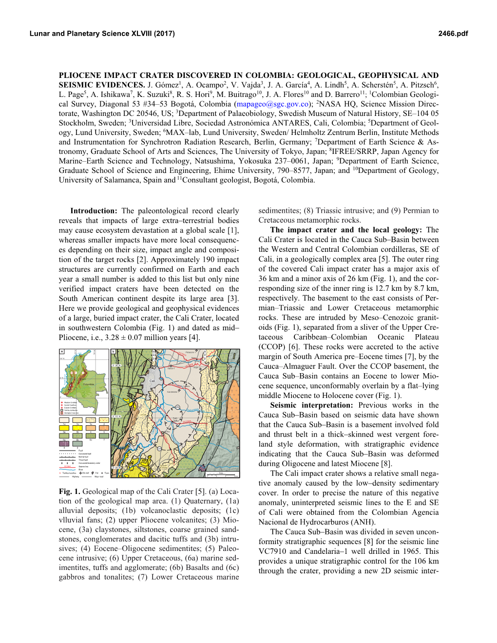 Pliocene Impact Crater Discovered in Colombia: Geological, Geophysical and Seismic Evidences