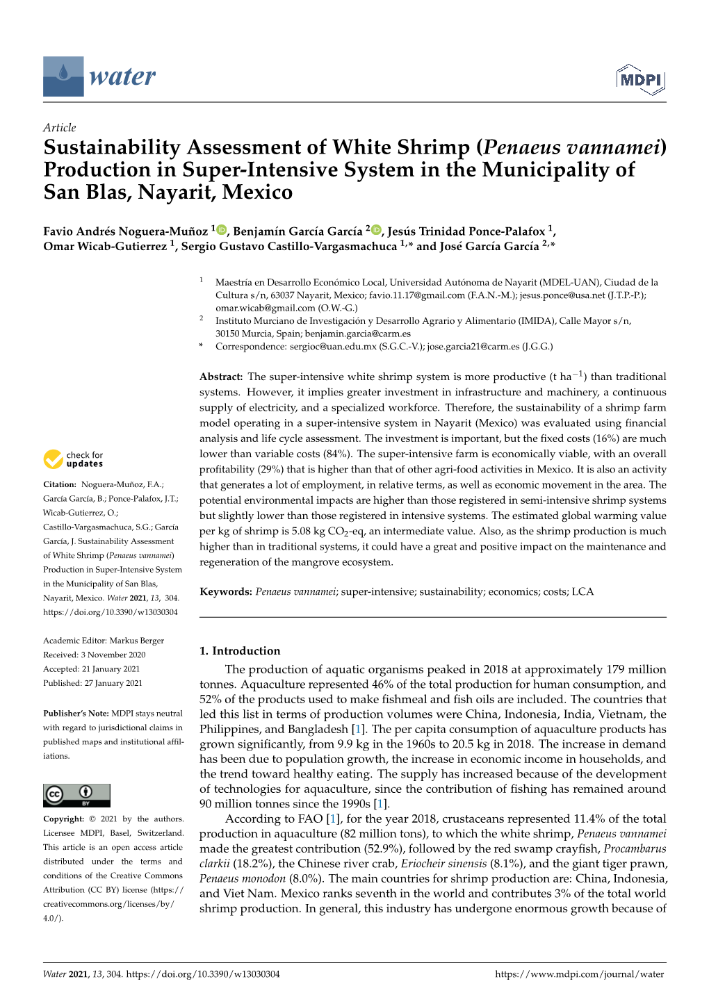 Sustainability Assessment of White Shrimp (Penaeus Vannamei) Production in Super-Intensive System in the Municipality of San Blas, Nayarit, Mexico