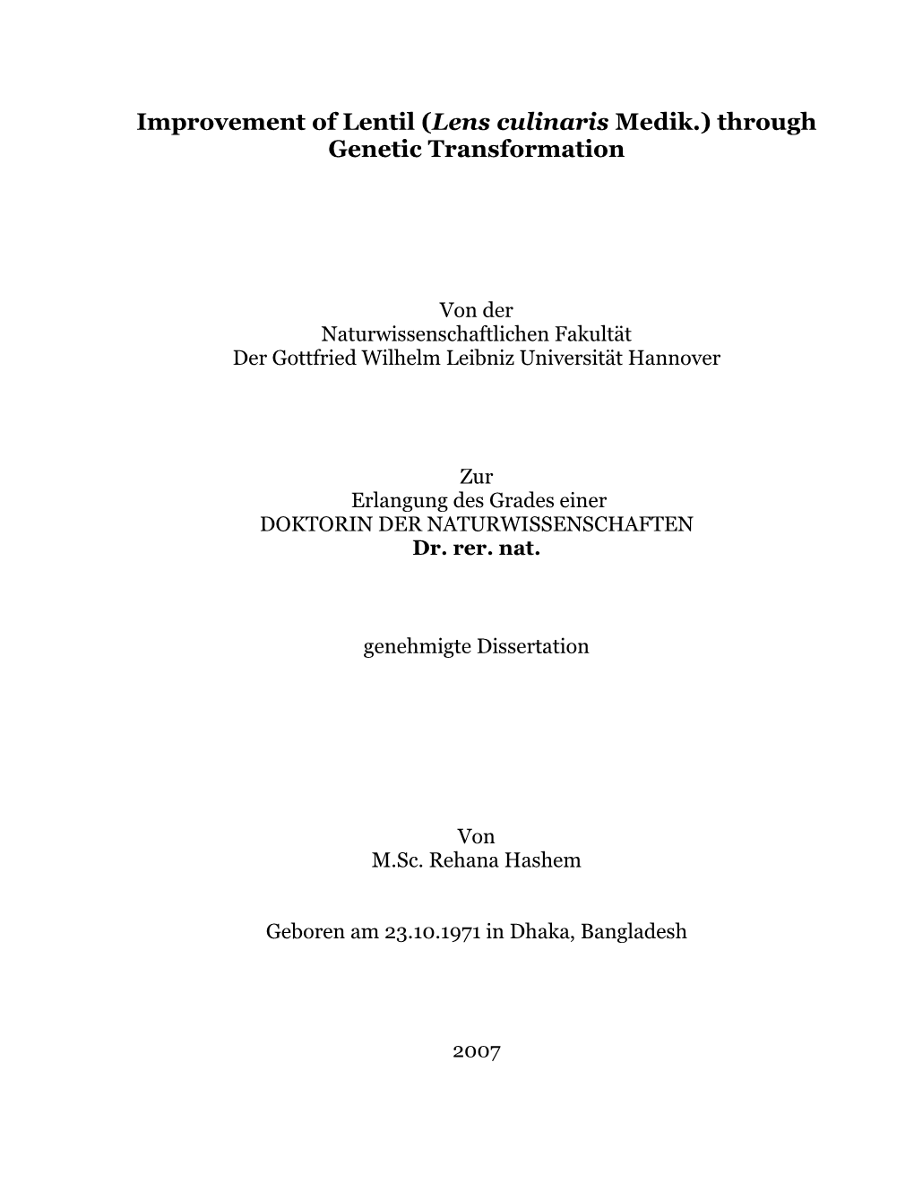 Improvement of Lentil (Lens Culinaris Medik.) Through Genetic Transformation