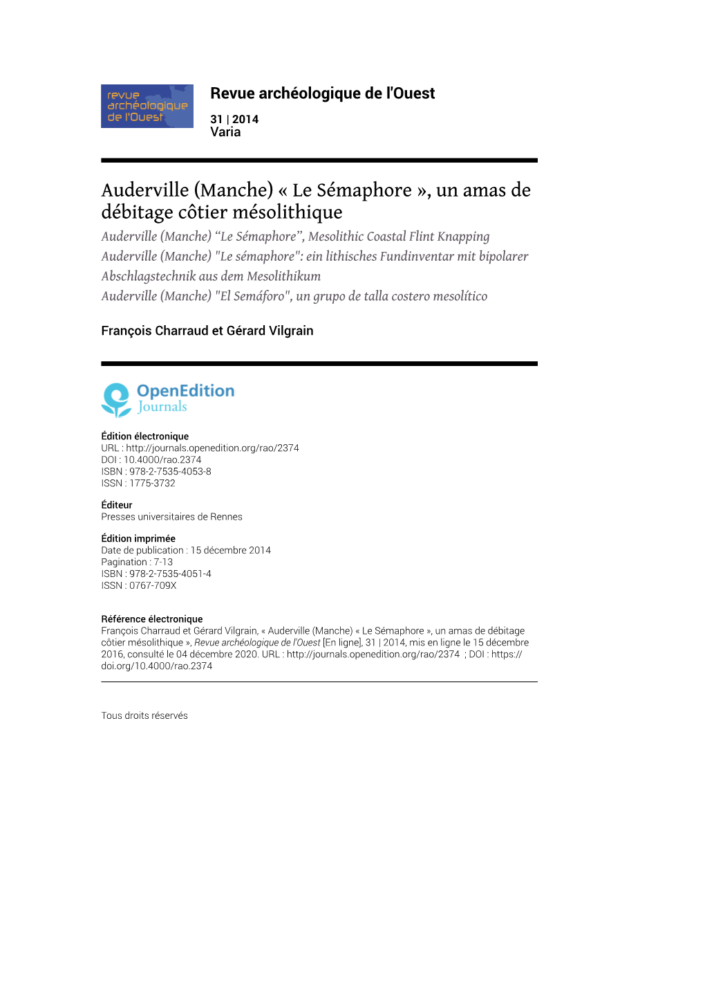 Auderville (Manche) « Le Sémaphore », Un Amas De Débitage Côtier Mésolithique