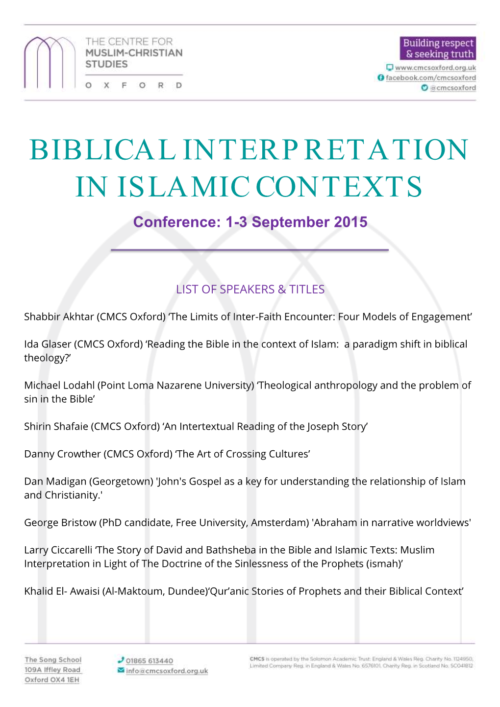 BIBLICAL INTERPRETATION in ISLAMIC CONTEXTS Conference: 1-3 September 2015