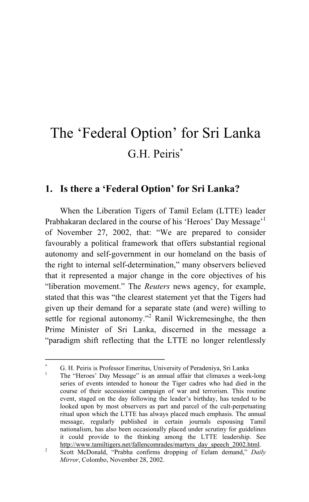 The 'Federal Option' for Sri Lanka