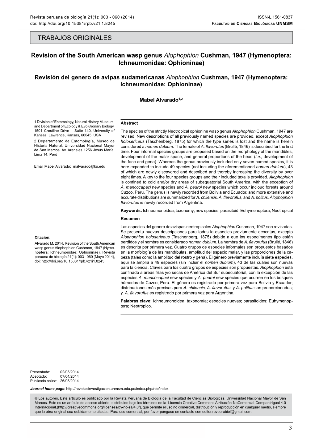 Revisión Del Genero De Avipas Sudamericanas Alophophion Cushman, 1947 (Hymenoptera: Ichneumonidae: Ophioninae)