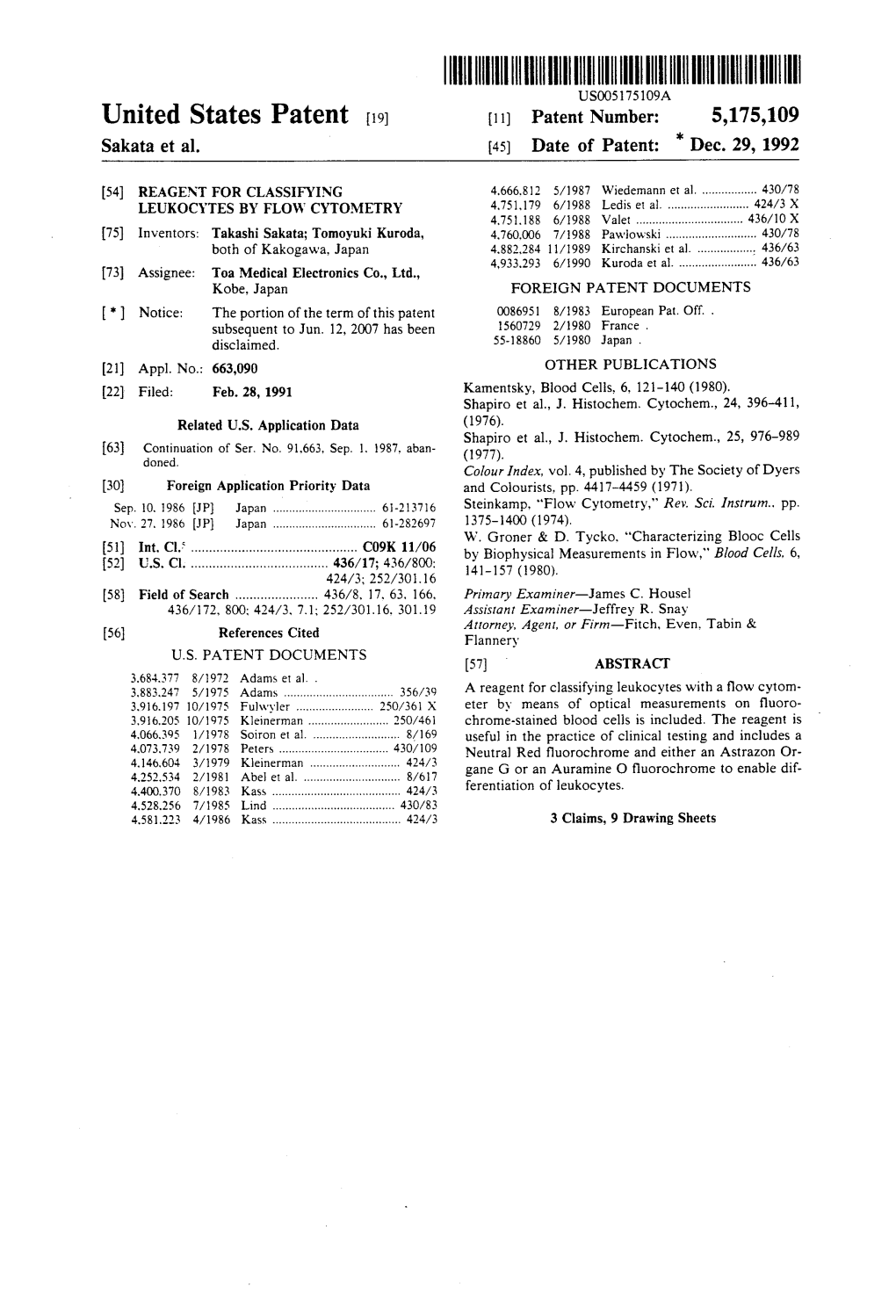 ||||||||||||III USO0575109A United States Patent (19) 11) Patent Number: 5,175,109 Sakata Et Al