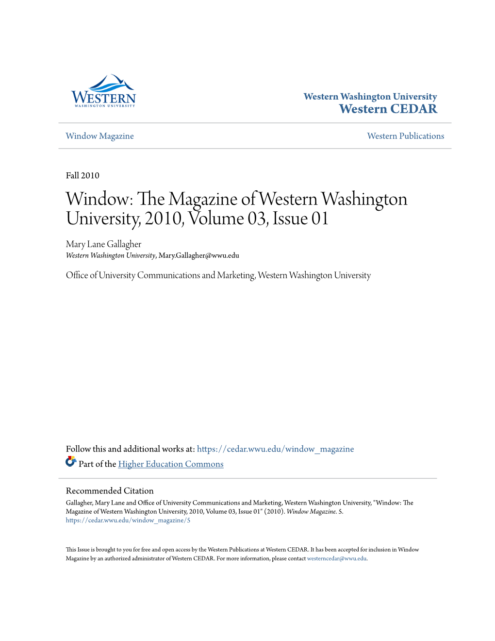 Window: the Magazine of Western Washington University, 2010, Volume 03, Issue 01" (2010)