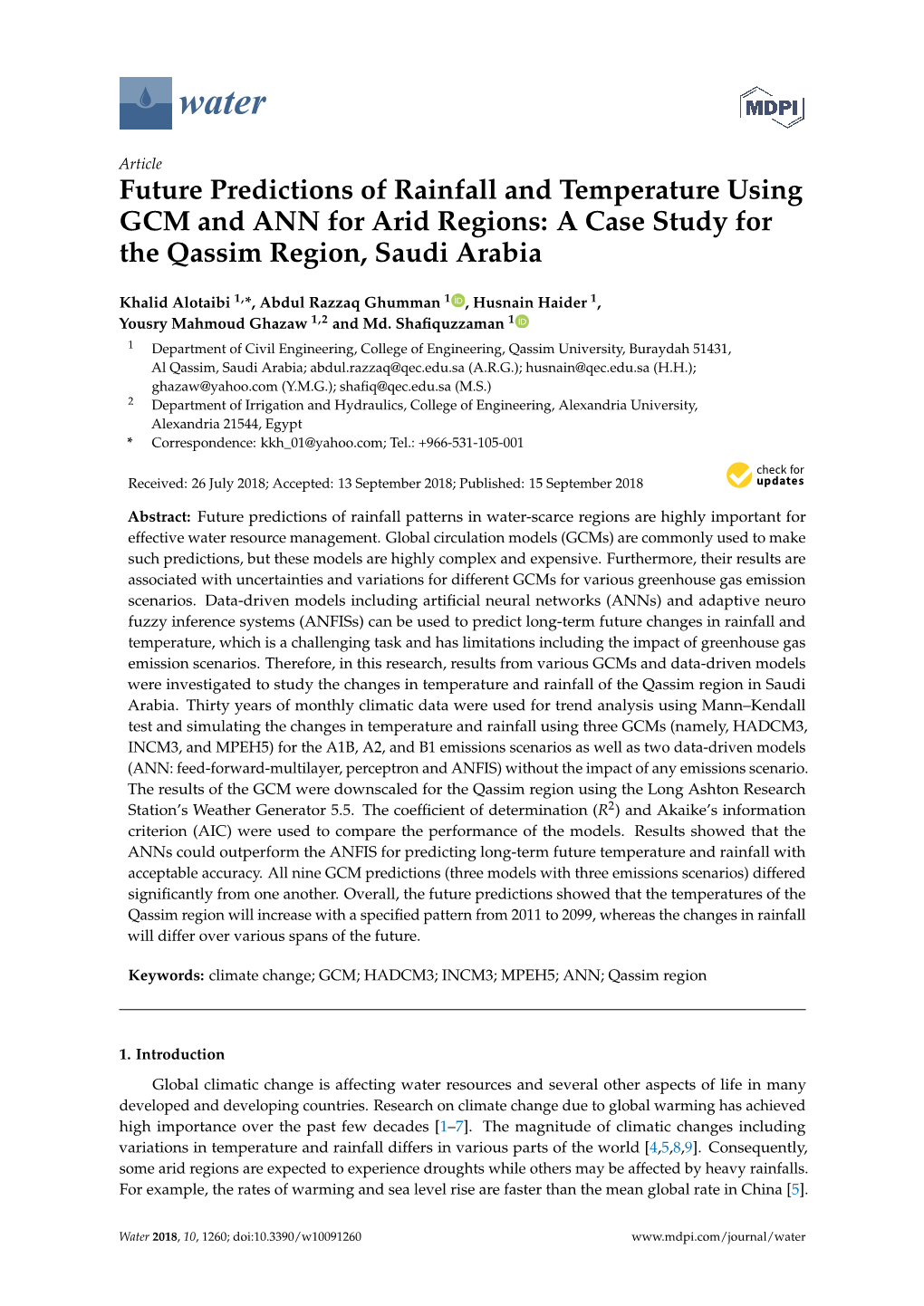 Future Predictions of Rainfall and Temperature Using GCM and ANN for Arid Regions: a Case Study for the Qassim Region, Saudi Arabia