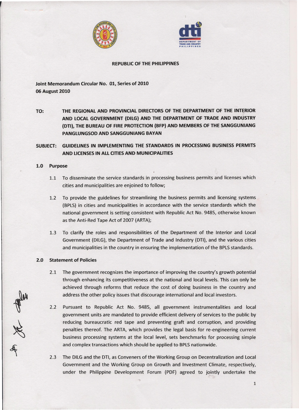 REPUBLICOF the PHILIPPINES Joint Memorandum Circular No. 01, Series of 2010 06 August 2010 TO