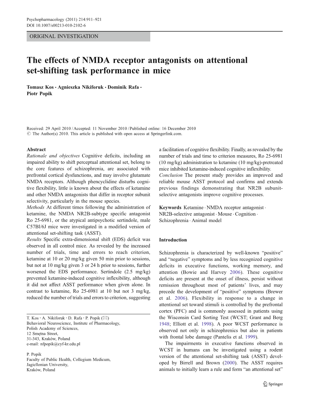 The Effects of NMDA Receptor Antagonists on Attentional Set-Shifting Task Performance in Mice