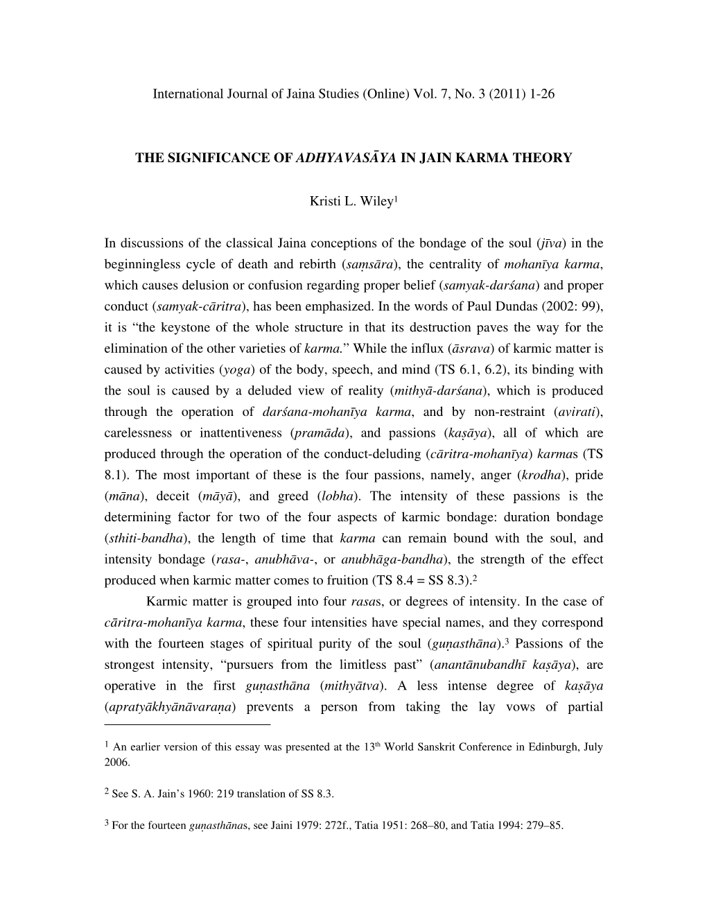 (2011) 1-26 the Significance of Adhyavasāya in Jain Karma