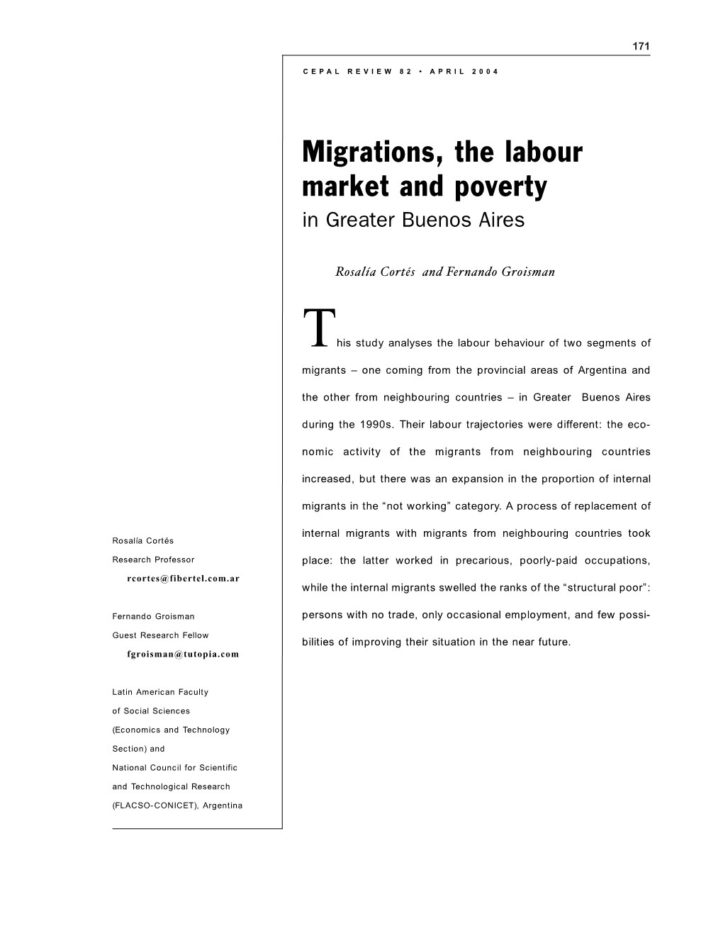 Migrations, the Labour Market and Poverty in Greater Buenos Aires