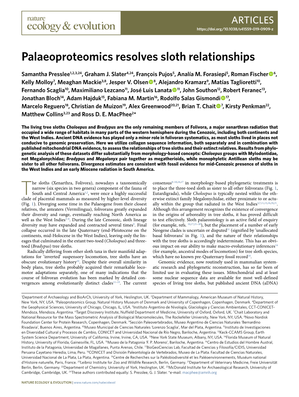 Palaeoproteomics Resolves Sloth Relationships