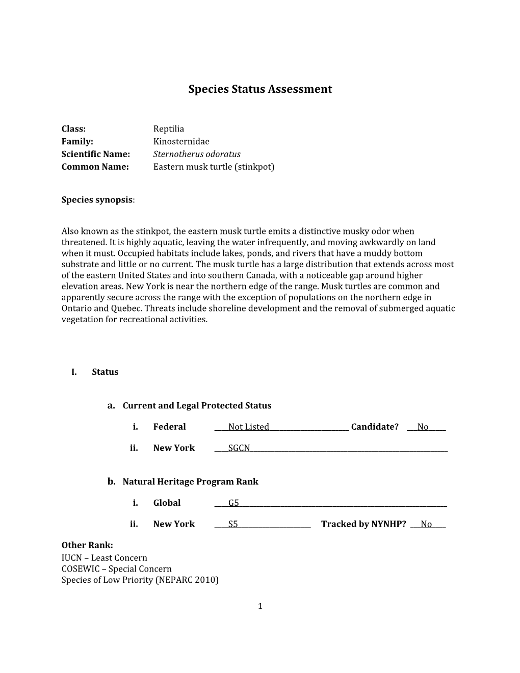 Species Assessment for Eastern Musk Turtle