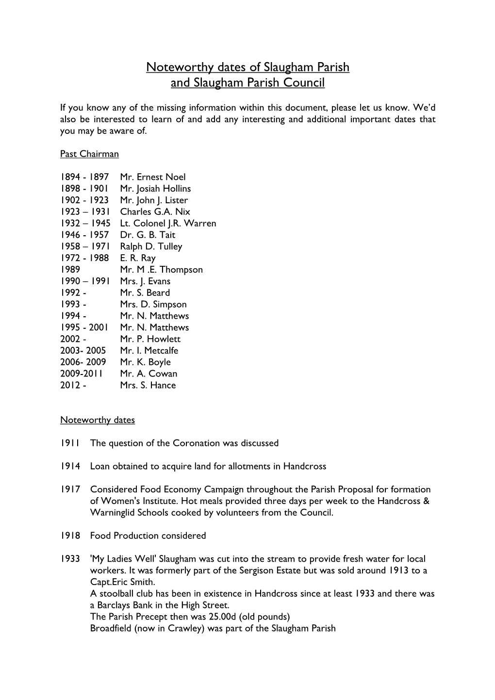 Noteworthy Dates of Slaugham Parish and Slaugham Parish Council