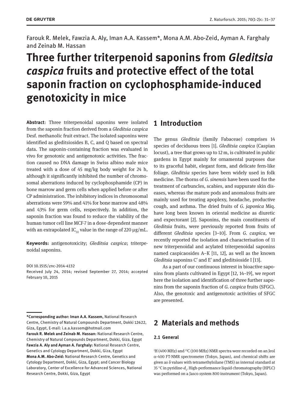 Three Further Triterpenoid Saponins from Gleditsia Caspica Fruits and Protective Effect of the Total Saponin Fraction on Cyclophosphamide-Induced Genotoxicity in Mice