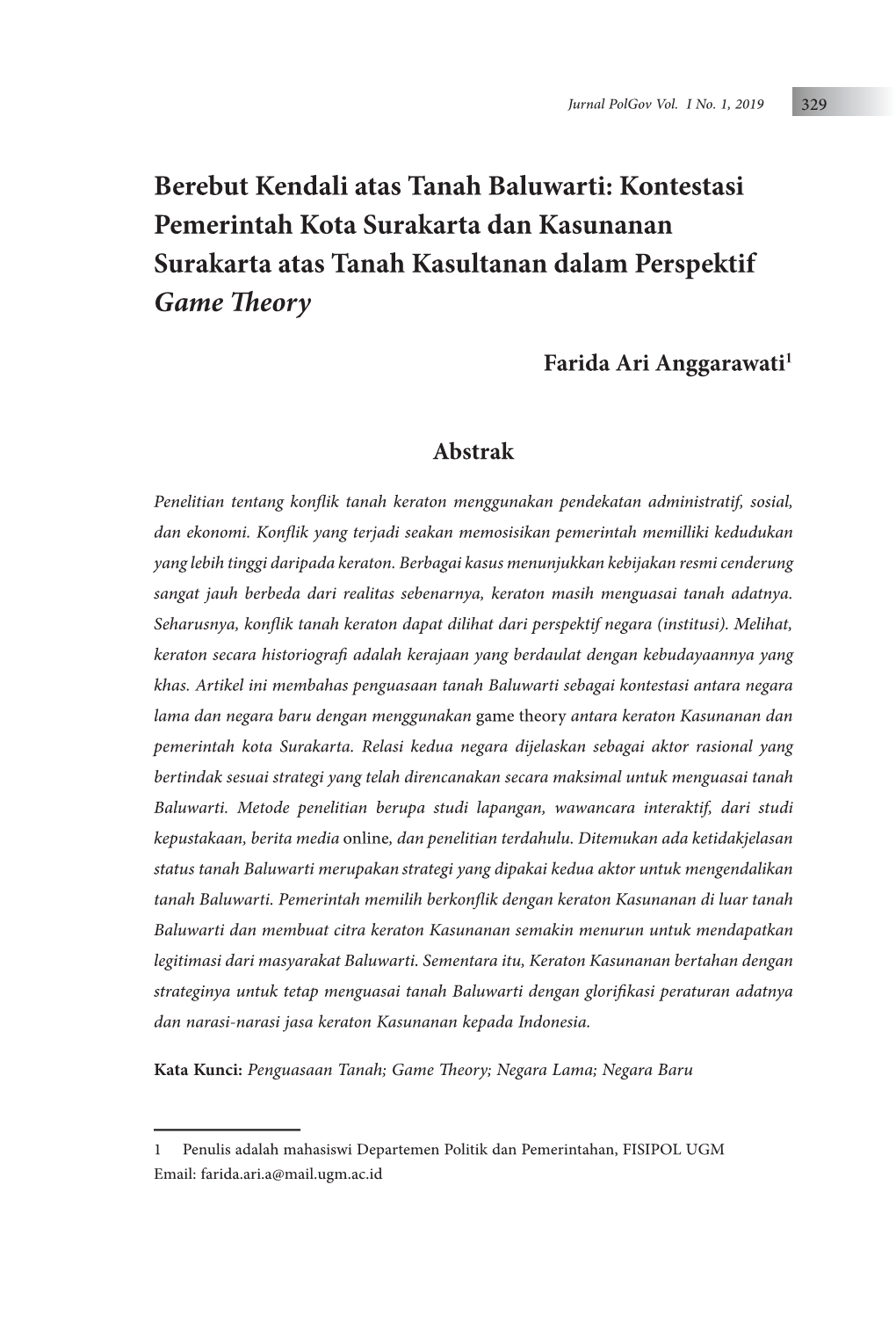 Kontestasi Pemerintah Kota Surakarta Dan Kasunanan Surakarta Atas Tanah Kasultanan Dalam Perspektif Game Theory