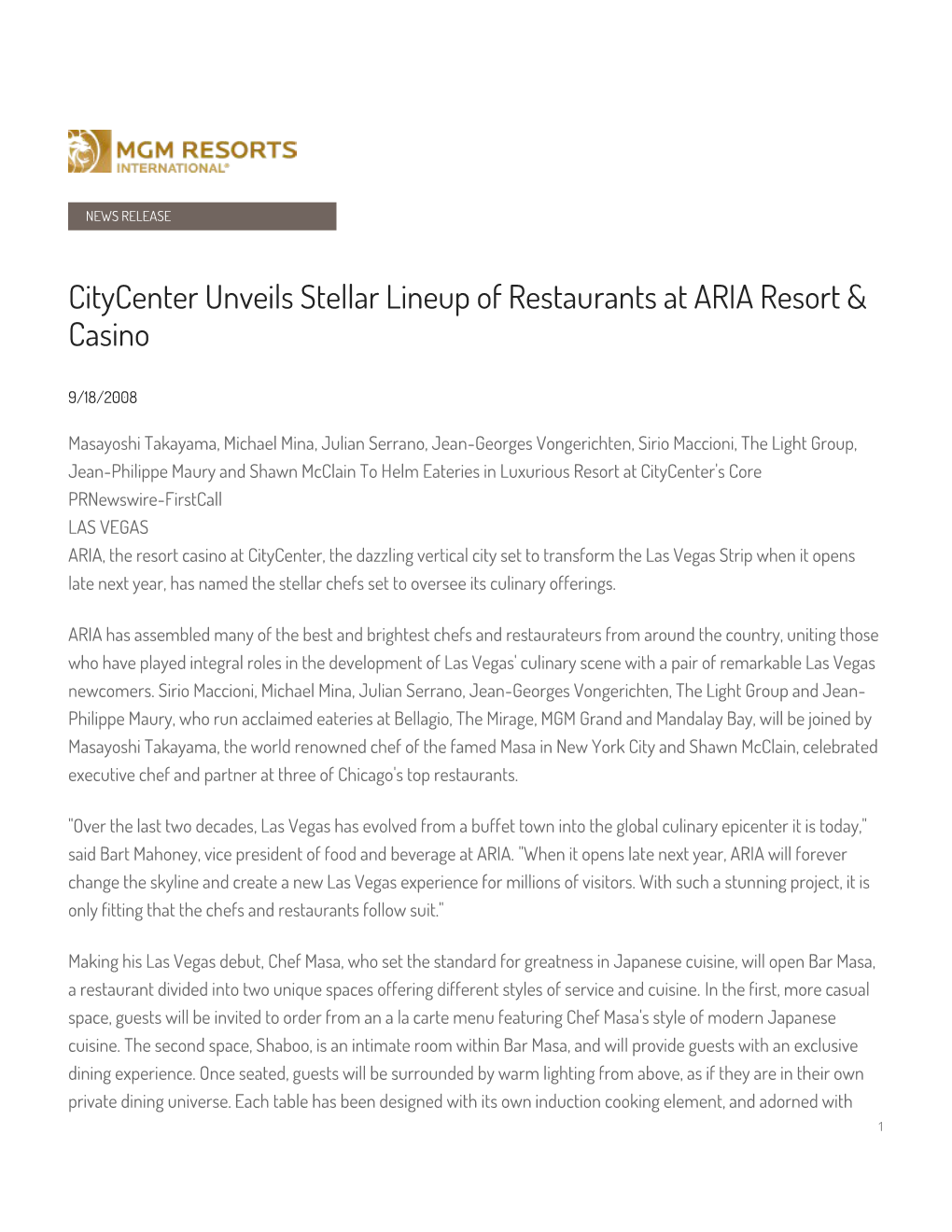 Citycenter Unveils Stellar Lineup of Restaurants at ARIA Resort & Casino