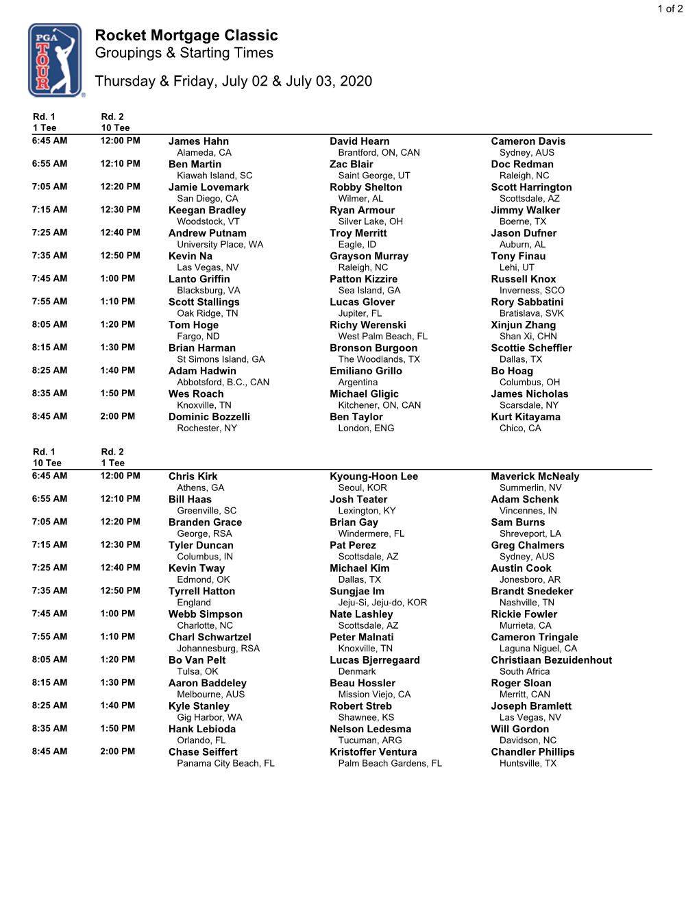 Rocket Mortgage Classic Groupings & Starting Times Thursday & Friday, July 02 & July 03, 2020