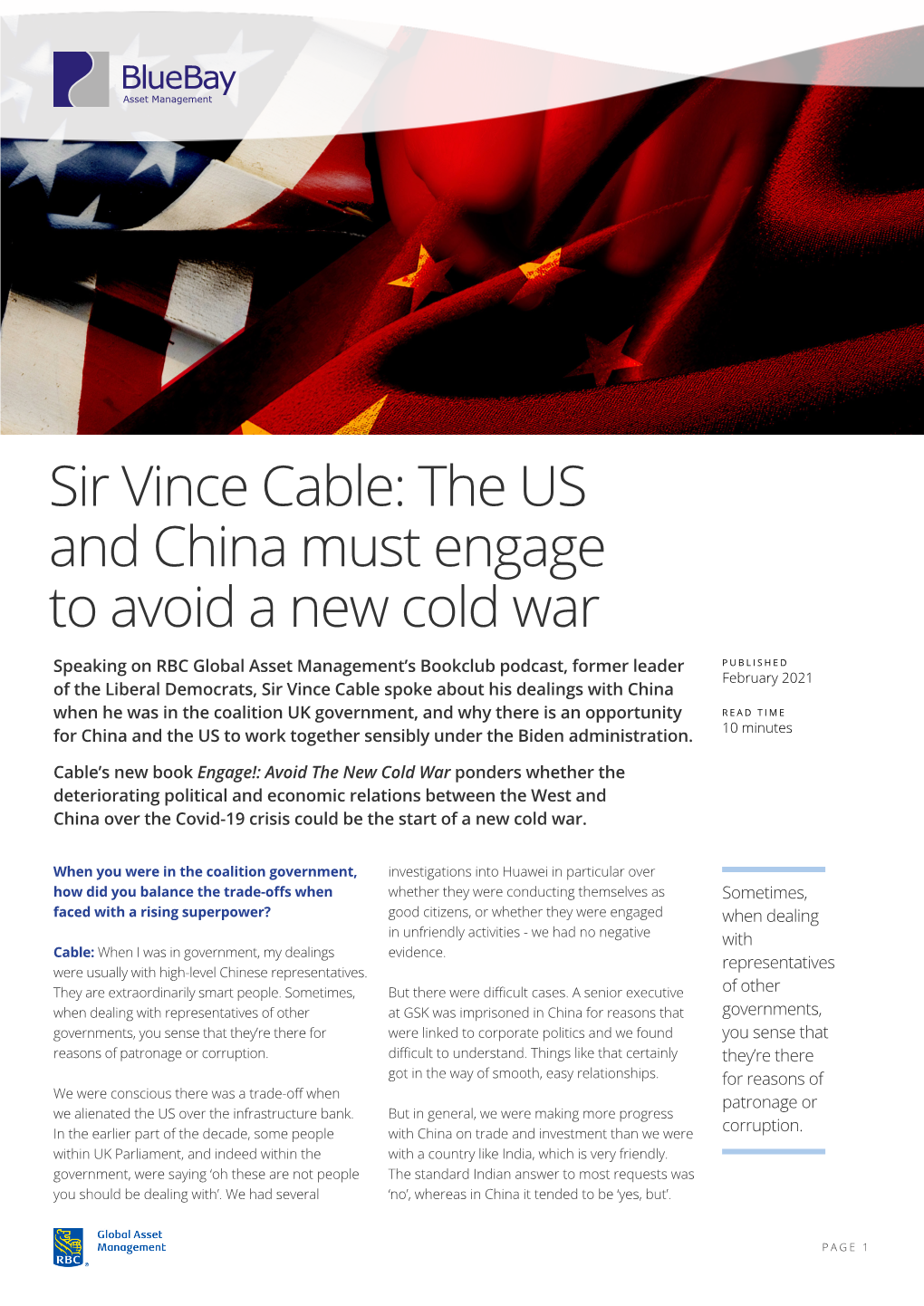 Sir Vince Cable: the US and China Must Engage to Avoid a New Cold War