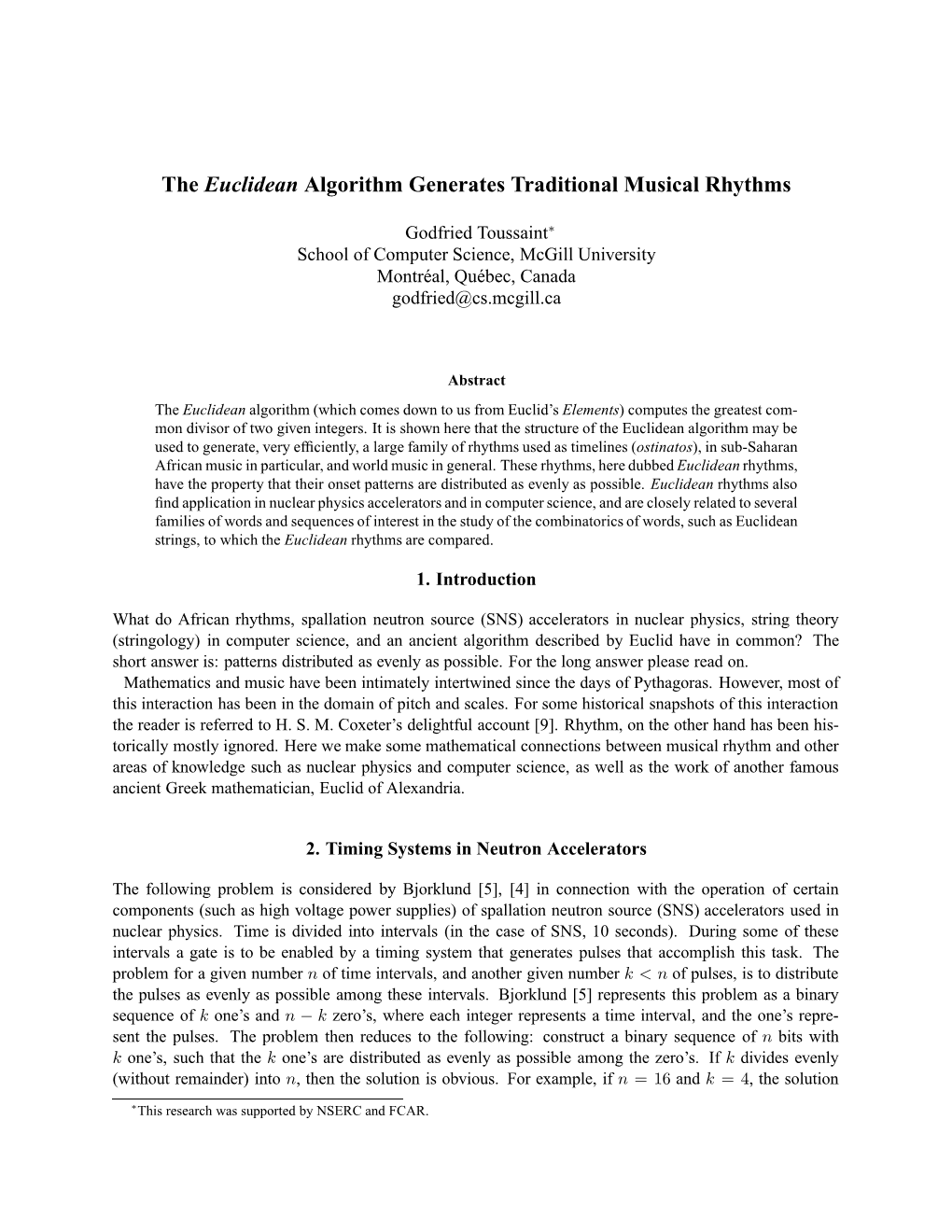 The Euclidean Algorithm Generates Traditional Musical Rhythms