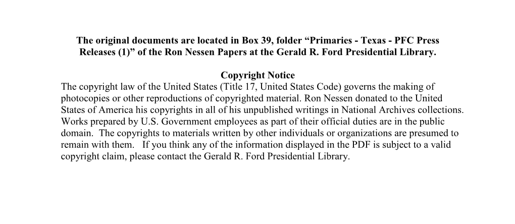 Primaries - Texas - PFC Press Releases (1)” of the Ron Nessen Papers at the Gerald R