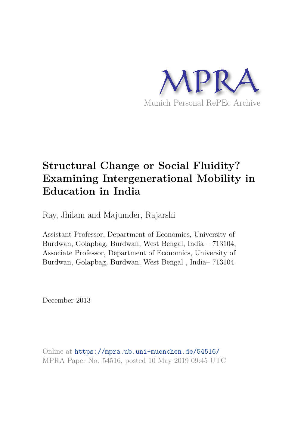 Structural Change Or Social Fluidity? Examining Intergenerational Mobility in Education in India