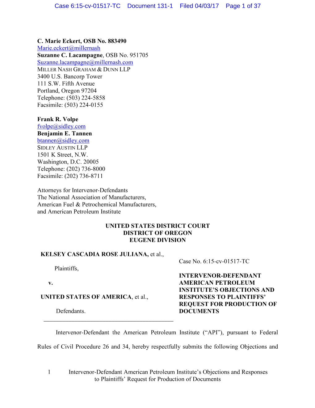 1 Intervenor-Defendant American Petroleum Institute's Objections And