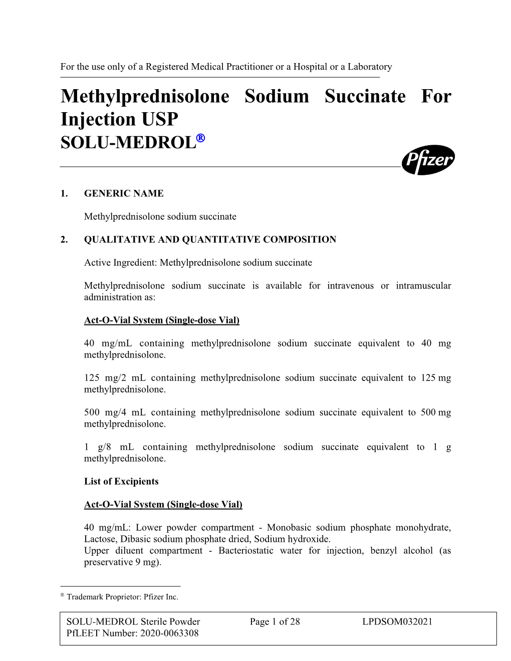Methylprednisolone Sodium Succinate for Injection USP SOLU-MEDROL
