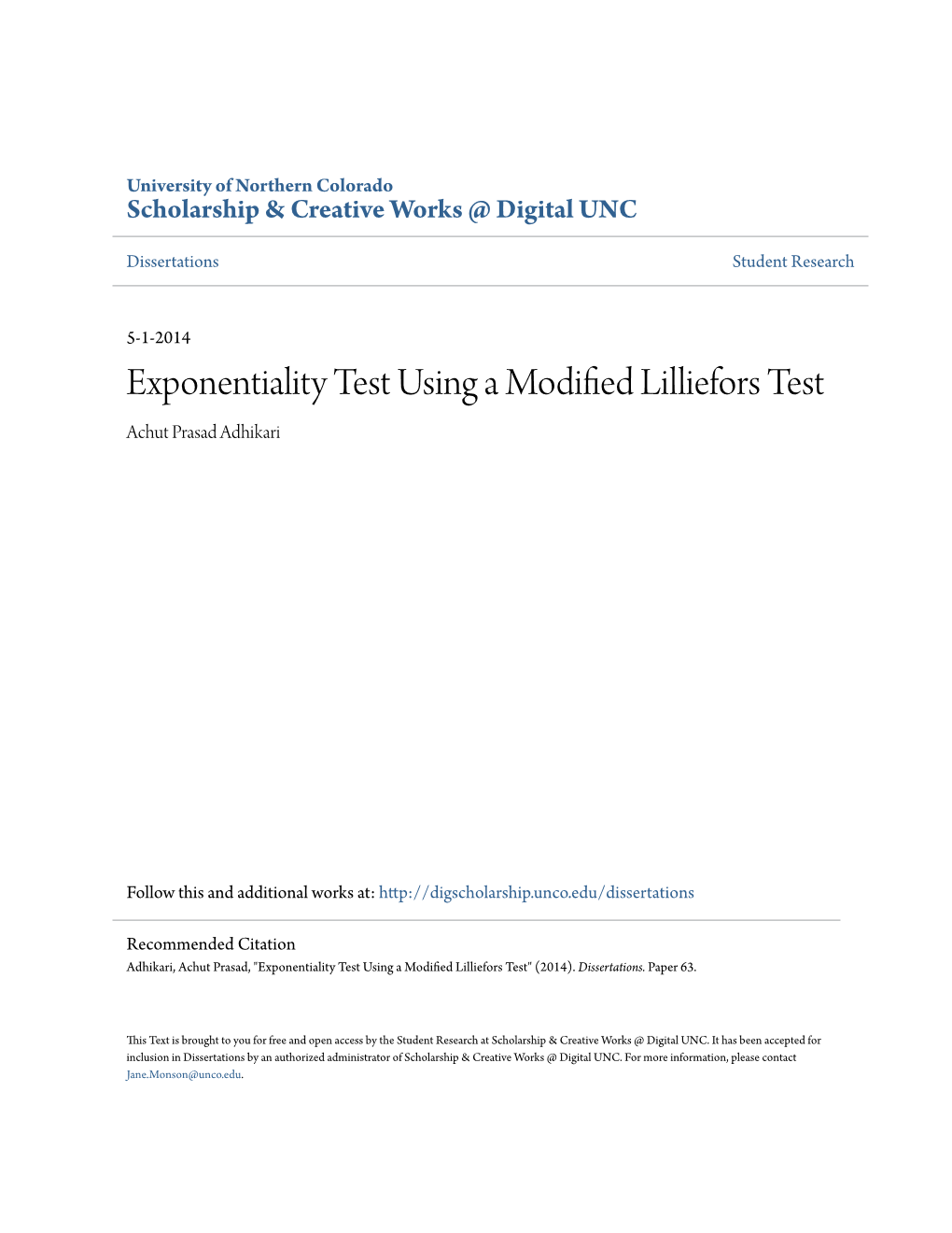 Exponentiality Test Using a Modified Lilliefors Test Achut Prasad Adhikari