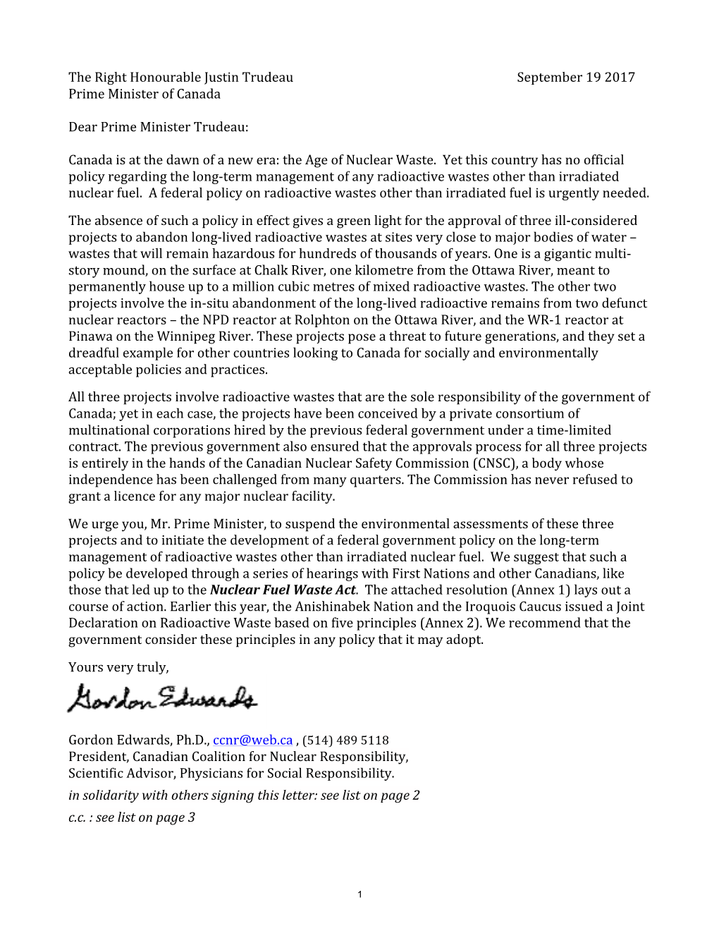 Letter to Prime Minister Trudeau Re Radioactive Waste Policy