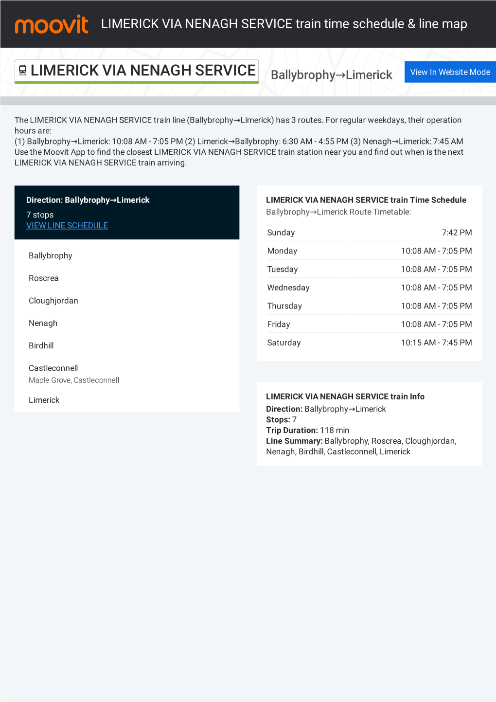 LIMERICK VIA NENAGH SERVICE Train Time Schedule & Line Route