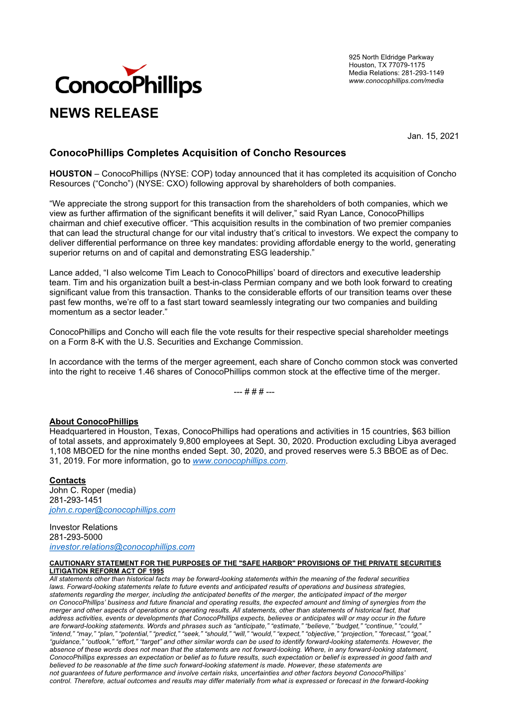 Conocophillips Completes Acquisition of Concho Resources