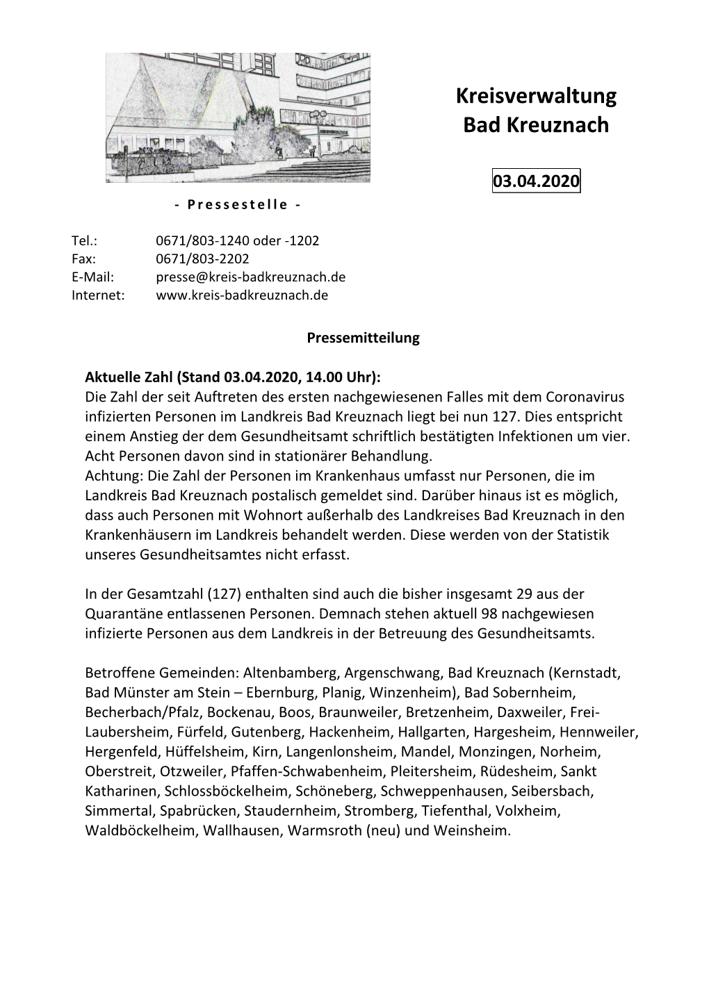 Pressemitteilung "Coronaupdate" Vom 03.04.2020