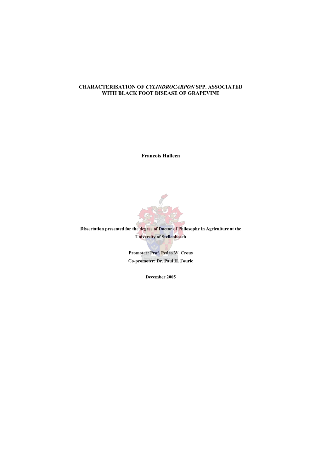 Characterisation of Cylindrocarpon Spp