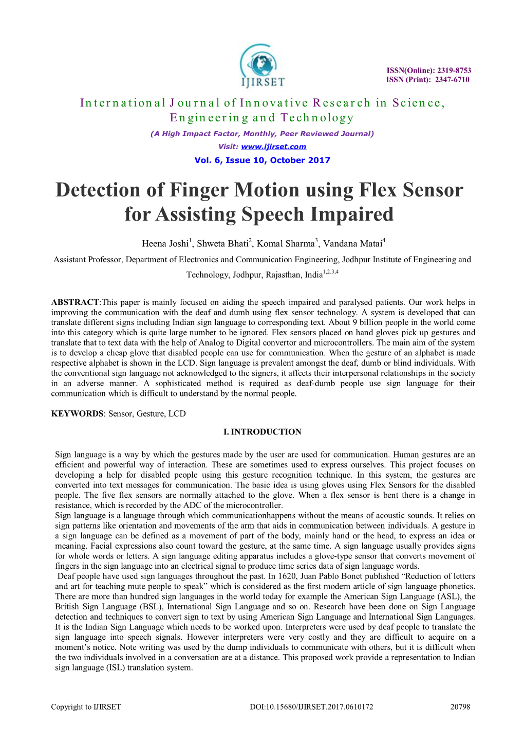 Detection of Finger Motion Using Flex Sensor for Assisting Speech Impaired