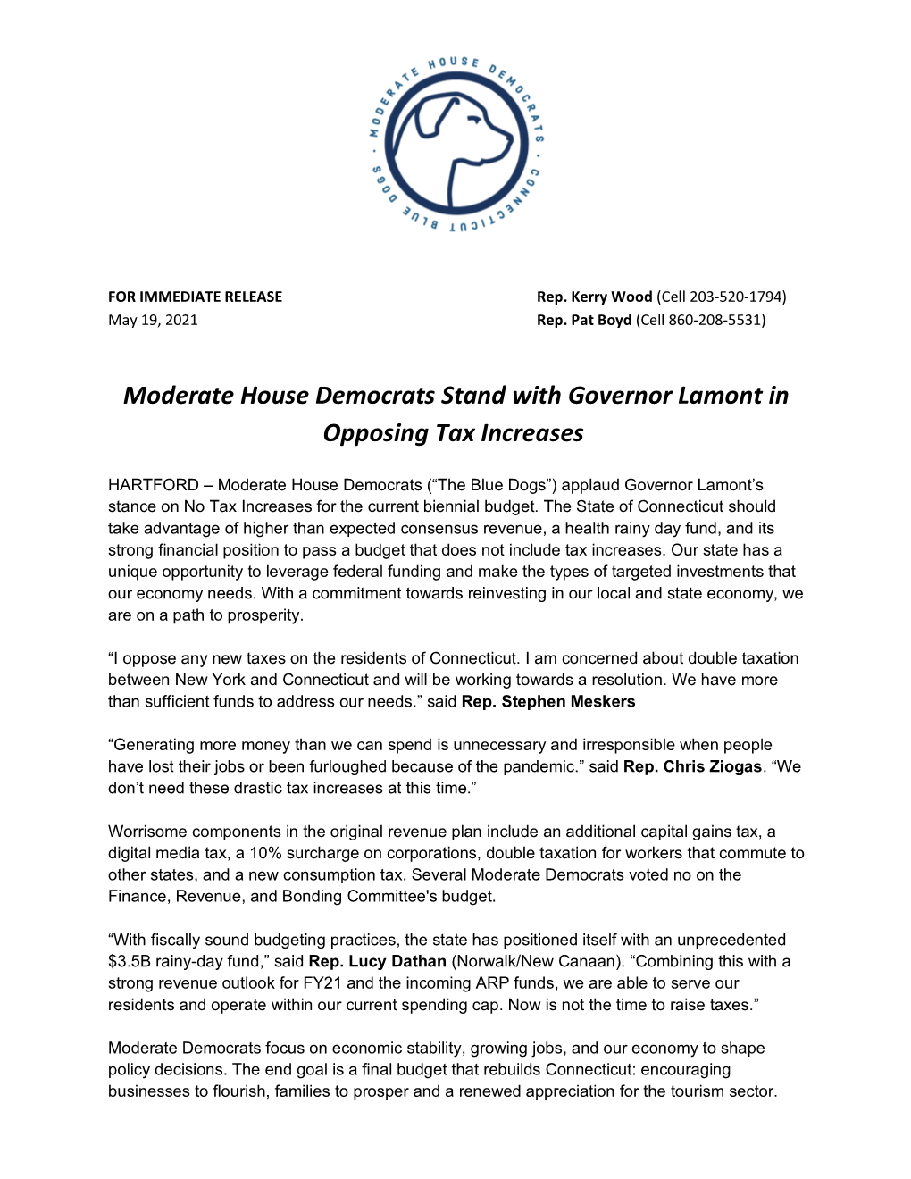 Moderate House Democrats Stand with Governor Lamont in Opposing Tax Increases