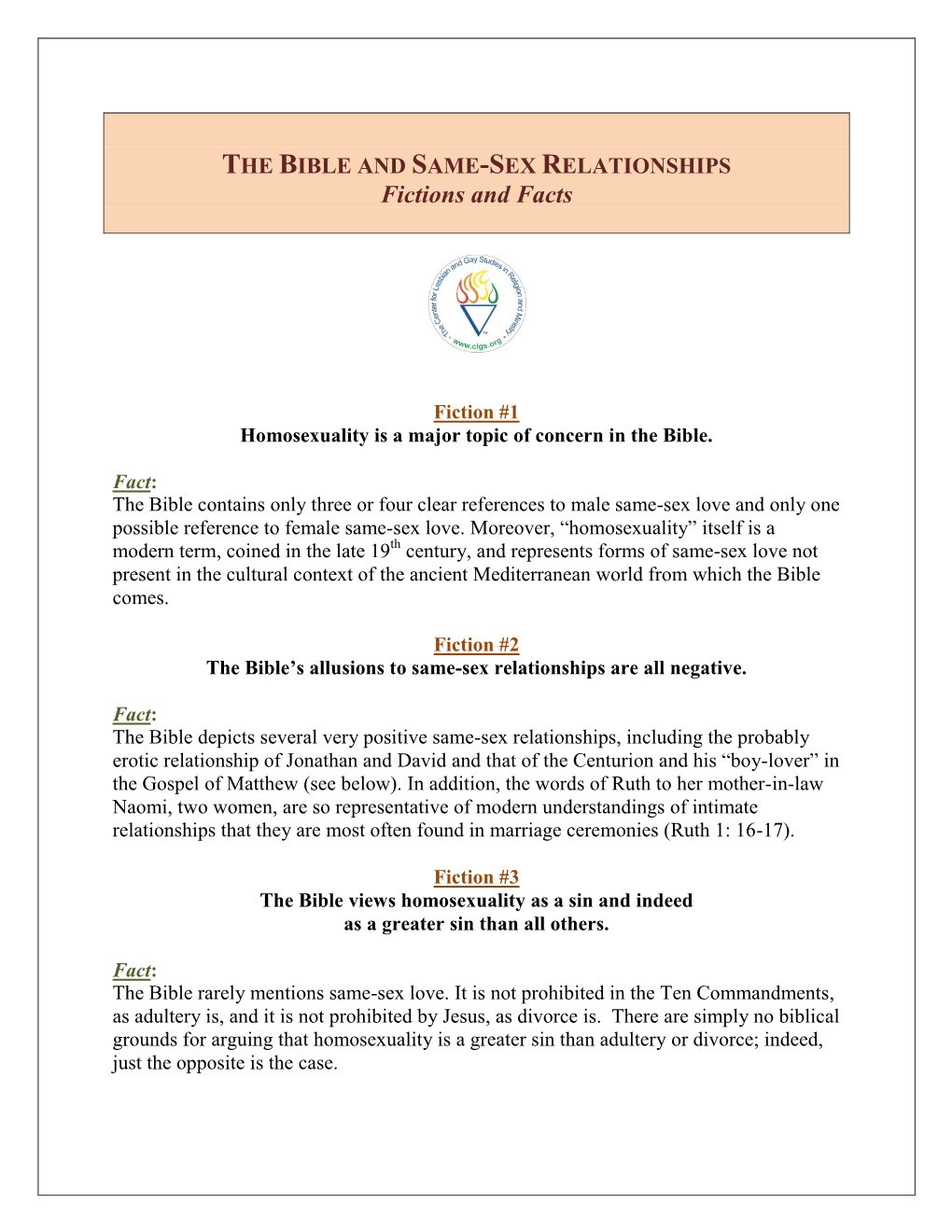 THE BIBLE and SAME-SEX RELATIONSHIPS Fictions and Facts