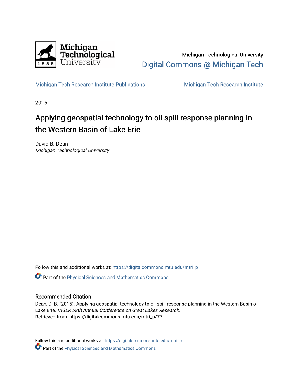 Applying Geospatial Technology to Oil Spill Response Planning in the Western Basin of Lake Erie