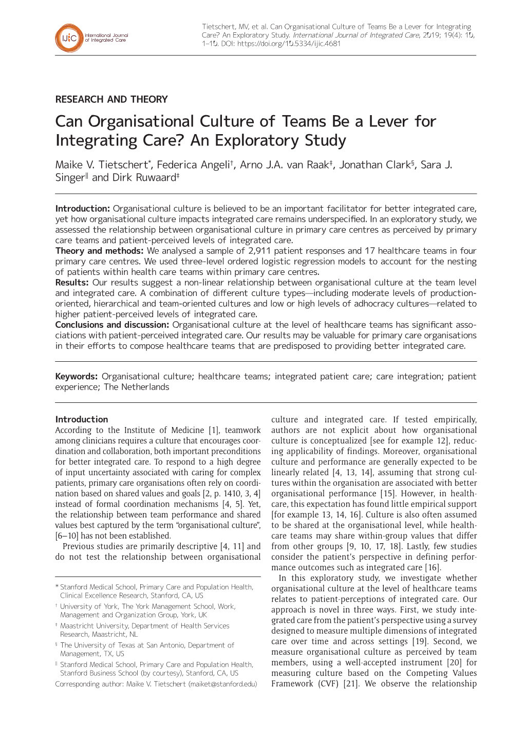 Can Organisational Culture of Teams Be a Lever for Integrating Care? an Exploratory Study