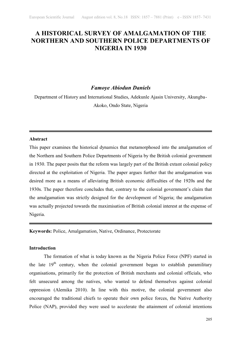 A Historical Survey of Amalgamation of the Northern and Southern Police Departments of Nigeria in 1930