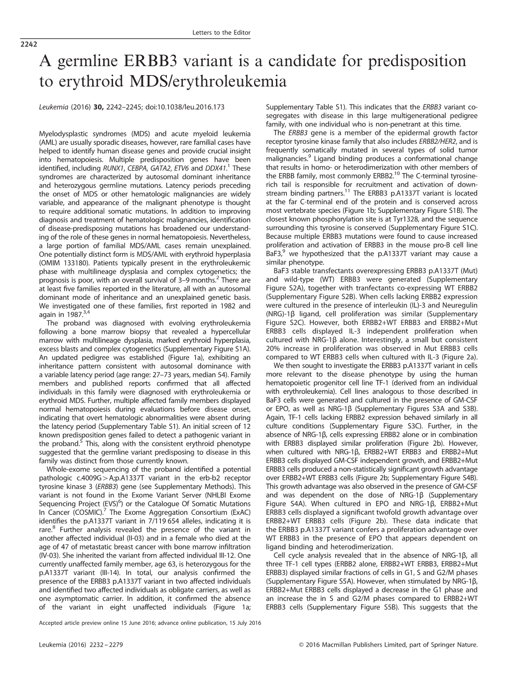 A Germline ERBB3 Variant Is a Candidate for Predisposition to Erythroid MDS/Erythroleukemia