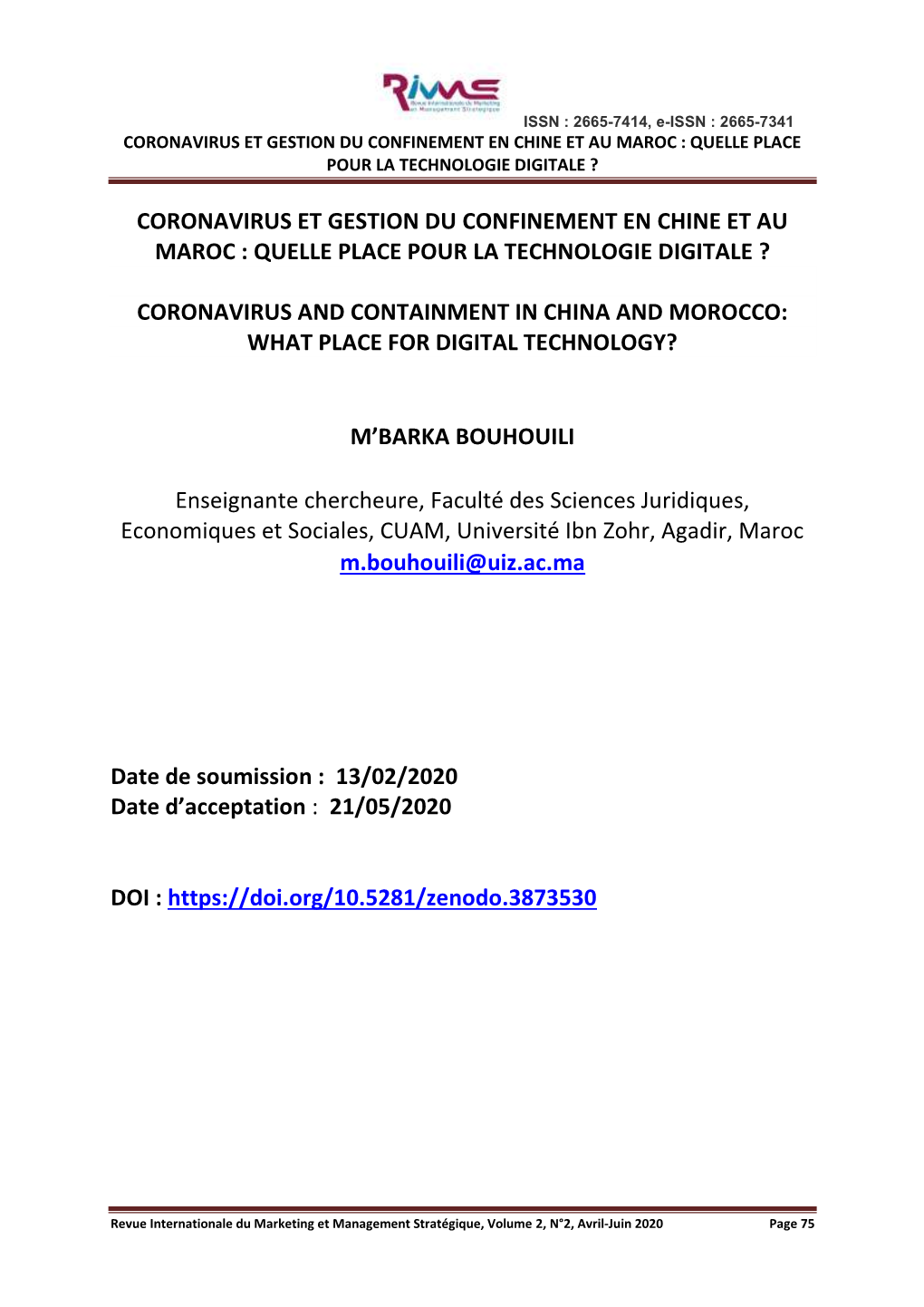 Coronavirus Et Gestion Du Confinement En Chine Et Au Maroc : Quelle Place Pour La Technologie Digitale ?