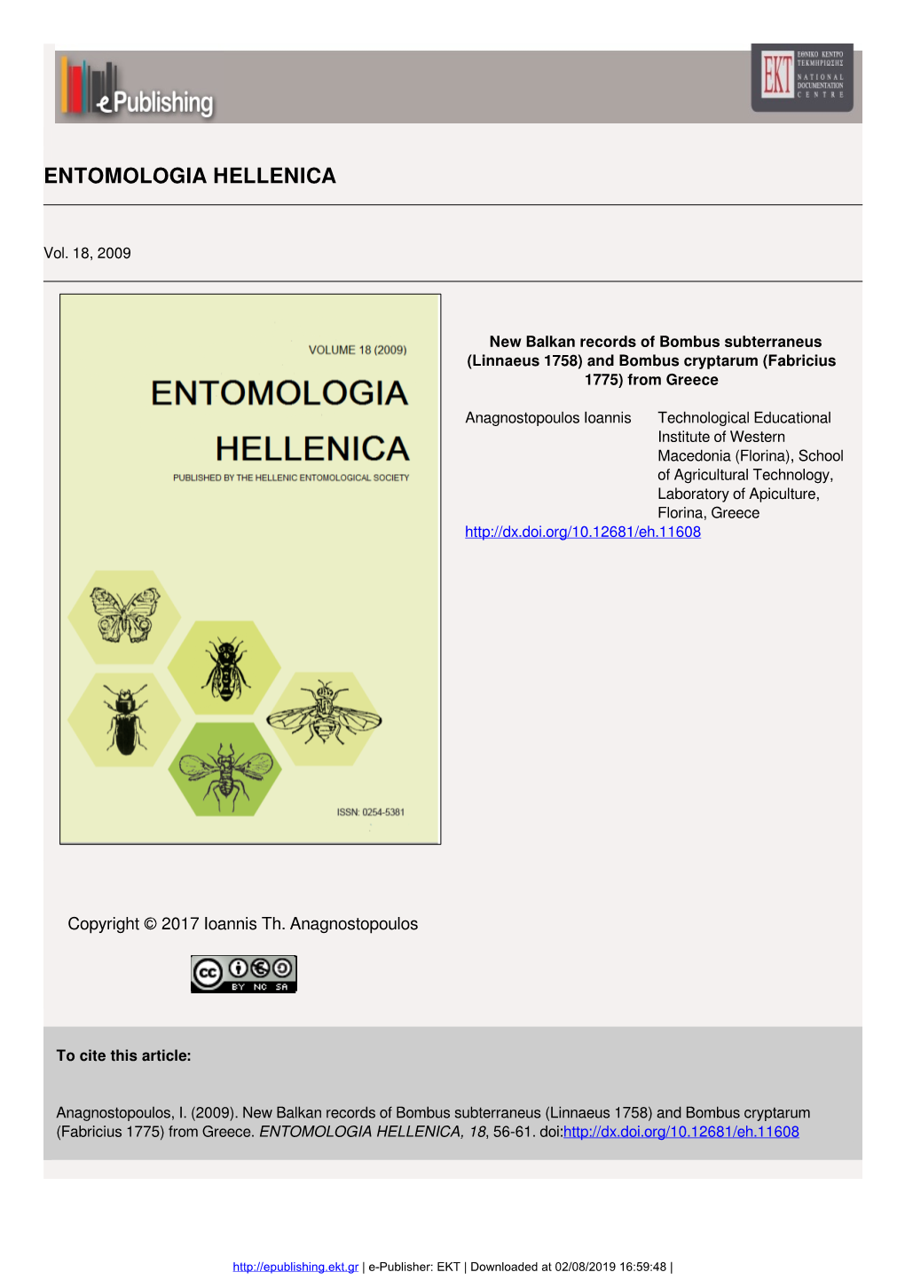 New Balkan Records of Bombus Subterraneus (Linnaeus 1758) and Bombus Cryptarum (Fabricius 1775) from Greece