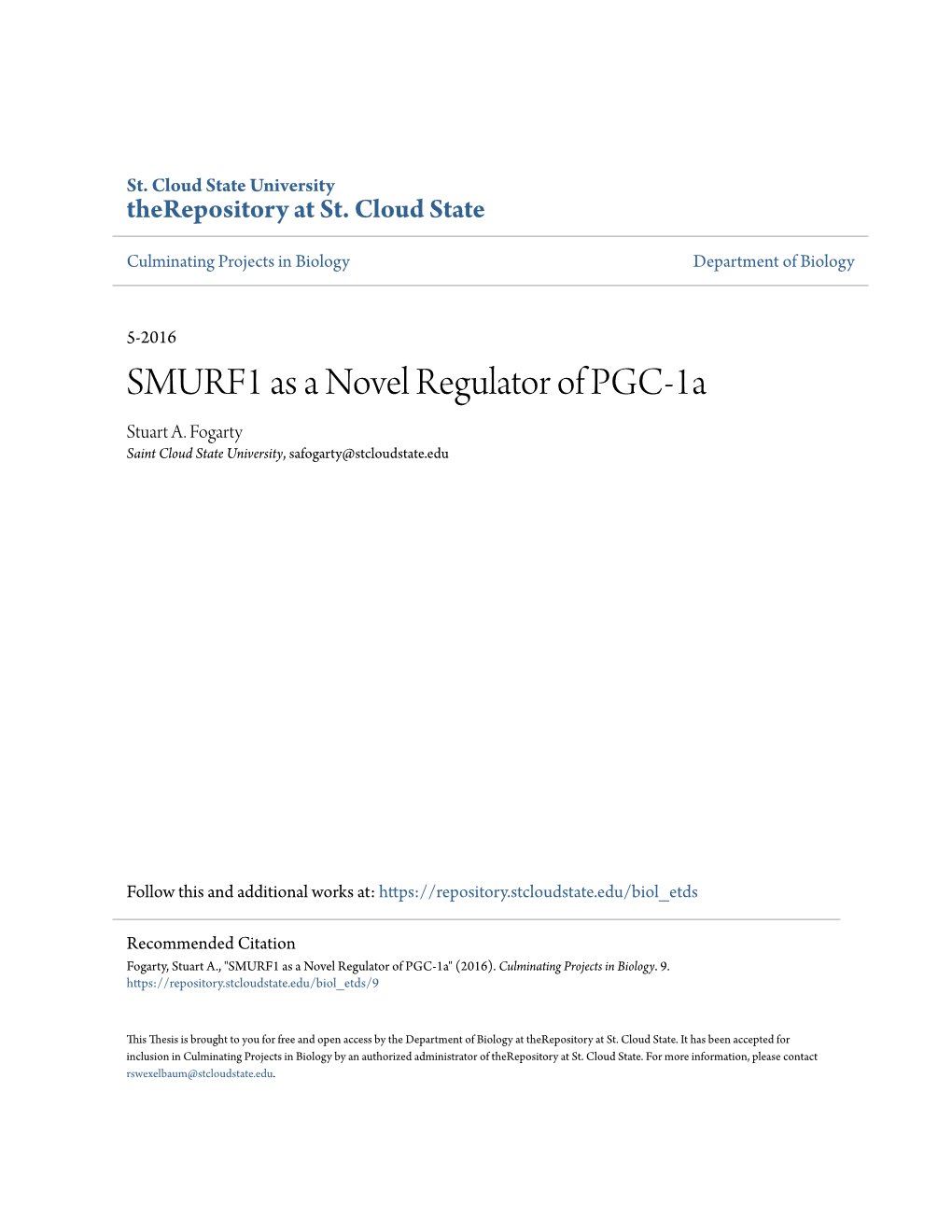 SMURF1 As a Novel Regulator of PGC-1A Stuart A