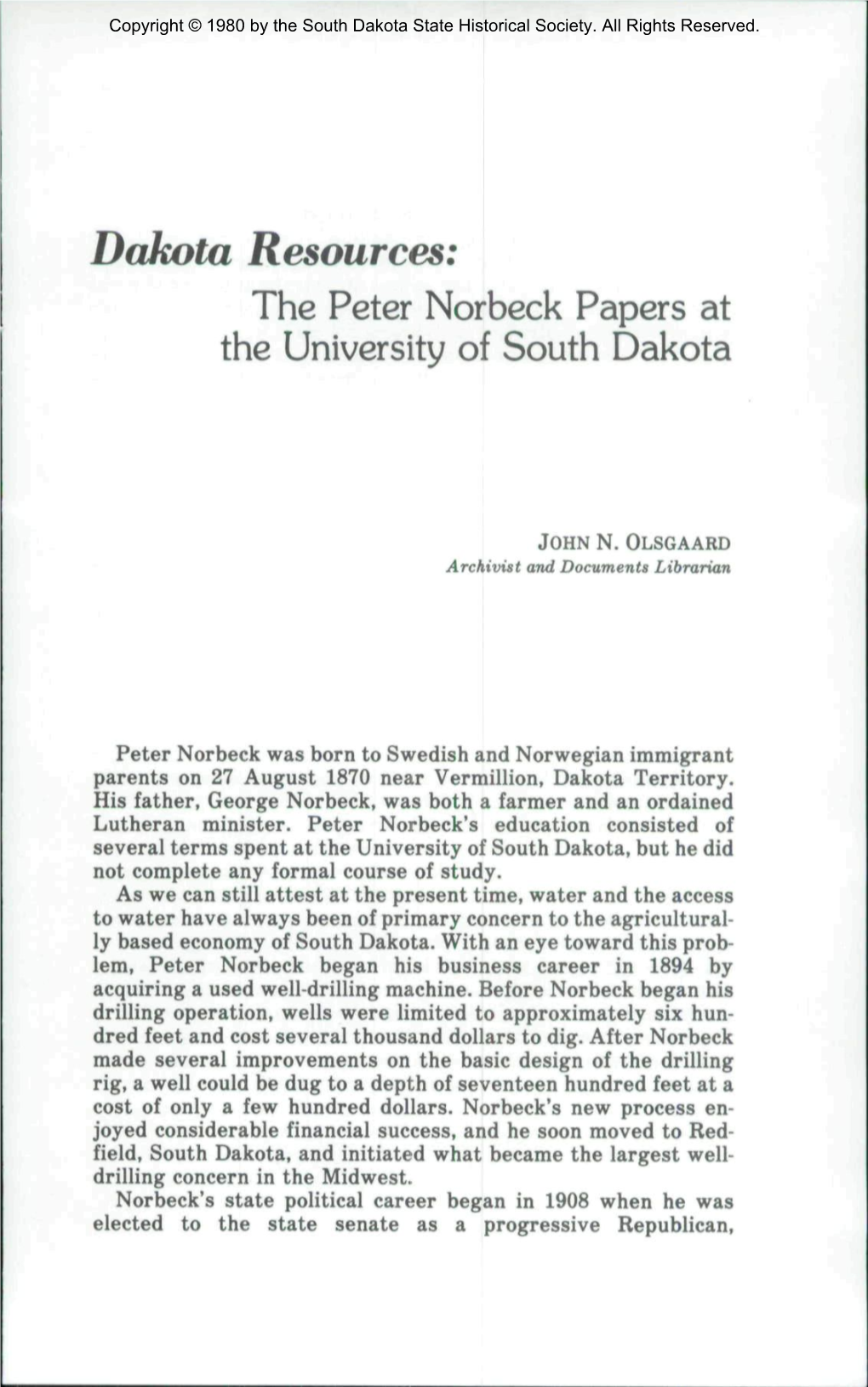 Dakota Resources: the Peter Norbeck Papers at the University of South Dakota