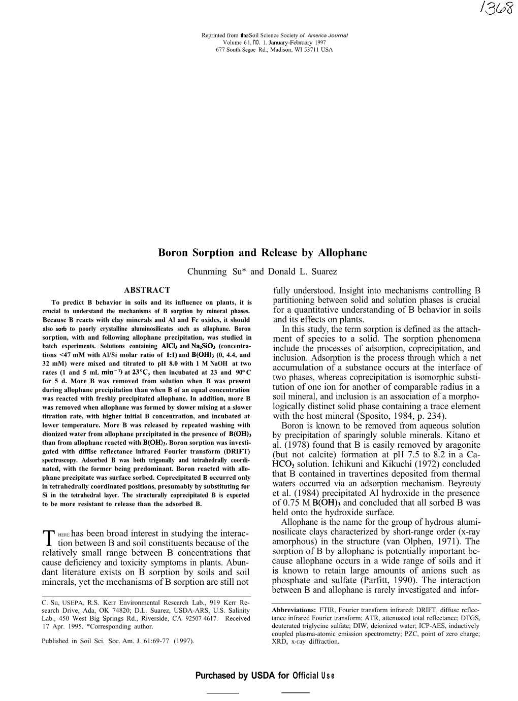 Boron Sorption and Release by Allophane Chunming Su* and Donald L