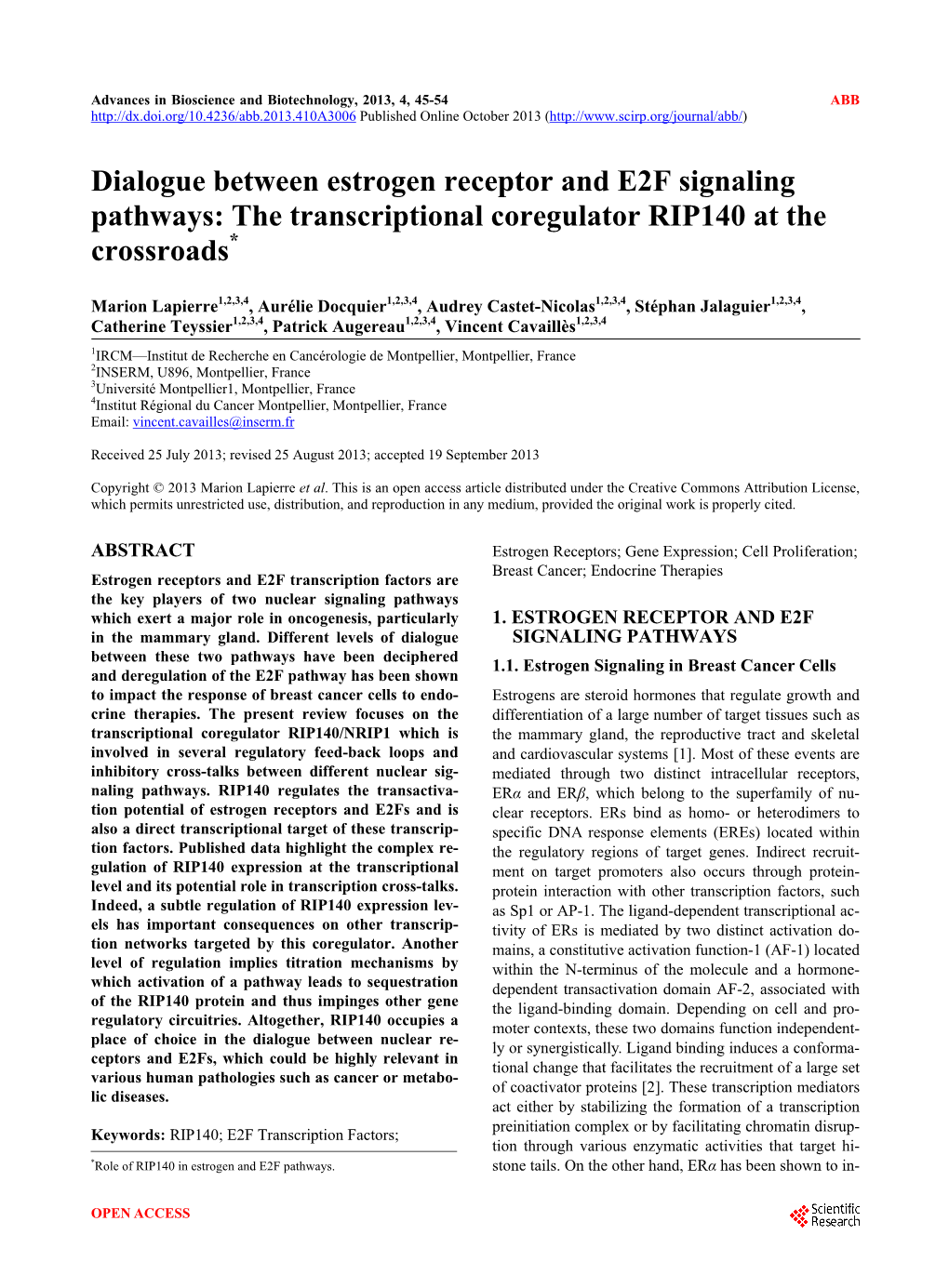Dialogue Between Estrogen Receptor and E2F Signaling Pathways: the Transcriptional Coregulator RIP140 at the Crossroads*