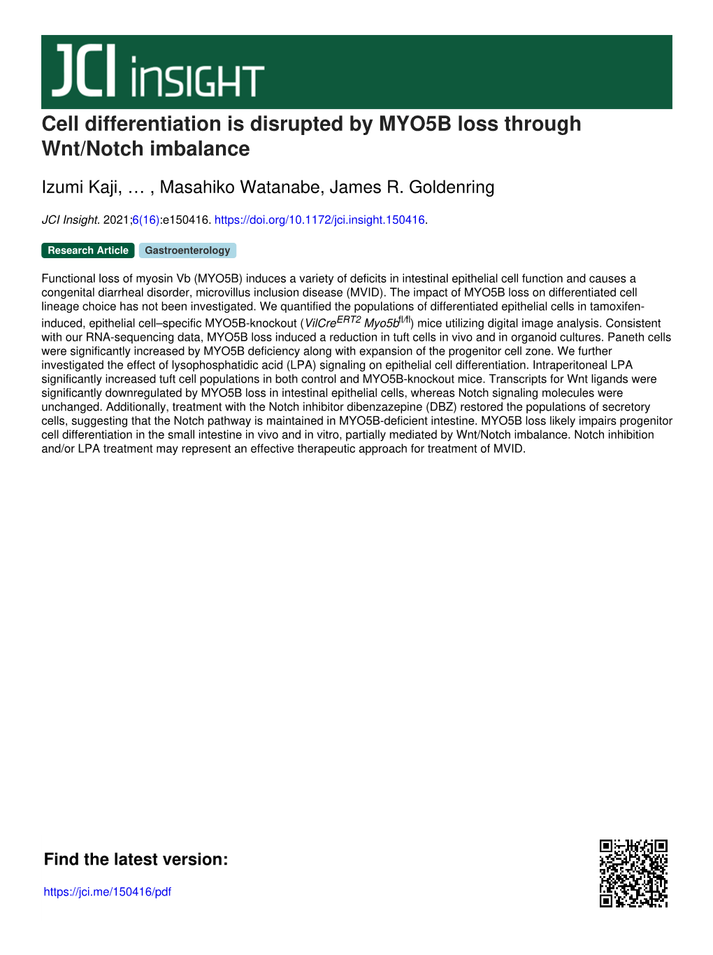 Cell Differentiation Is Disrupted by MYO5B Loss Through Wnt/Notch Imbalance